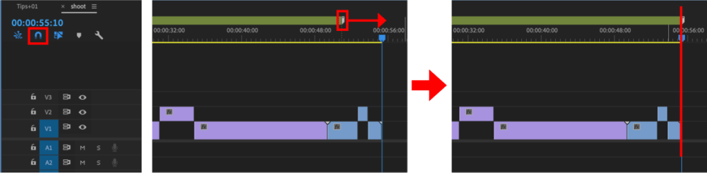 タイムラインをスナップインをオンにしてマーカーの端をクリップの終わりにドラッグ