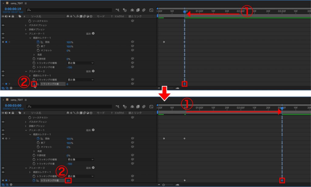 アニメーター2のトラッキングの量にキーフレームを打つ