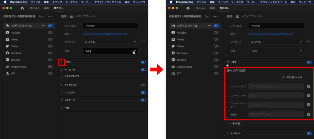 ビデオのプルダウンメニューを開き設定を確認