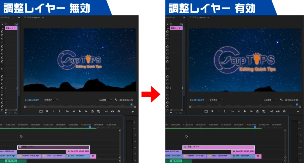 調整レイヤー無効、有効